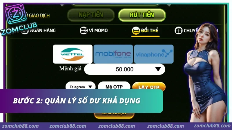 Form đổi thẻ cào Viettel, Mobifone, Vinaphone khi rút tiền ZomClub, xác nhận bằng mã OTP