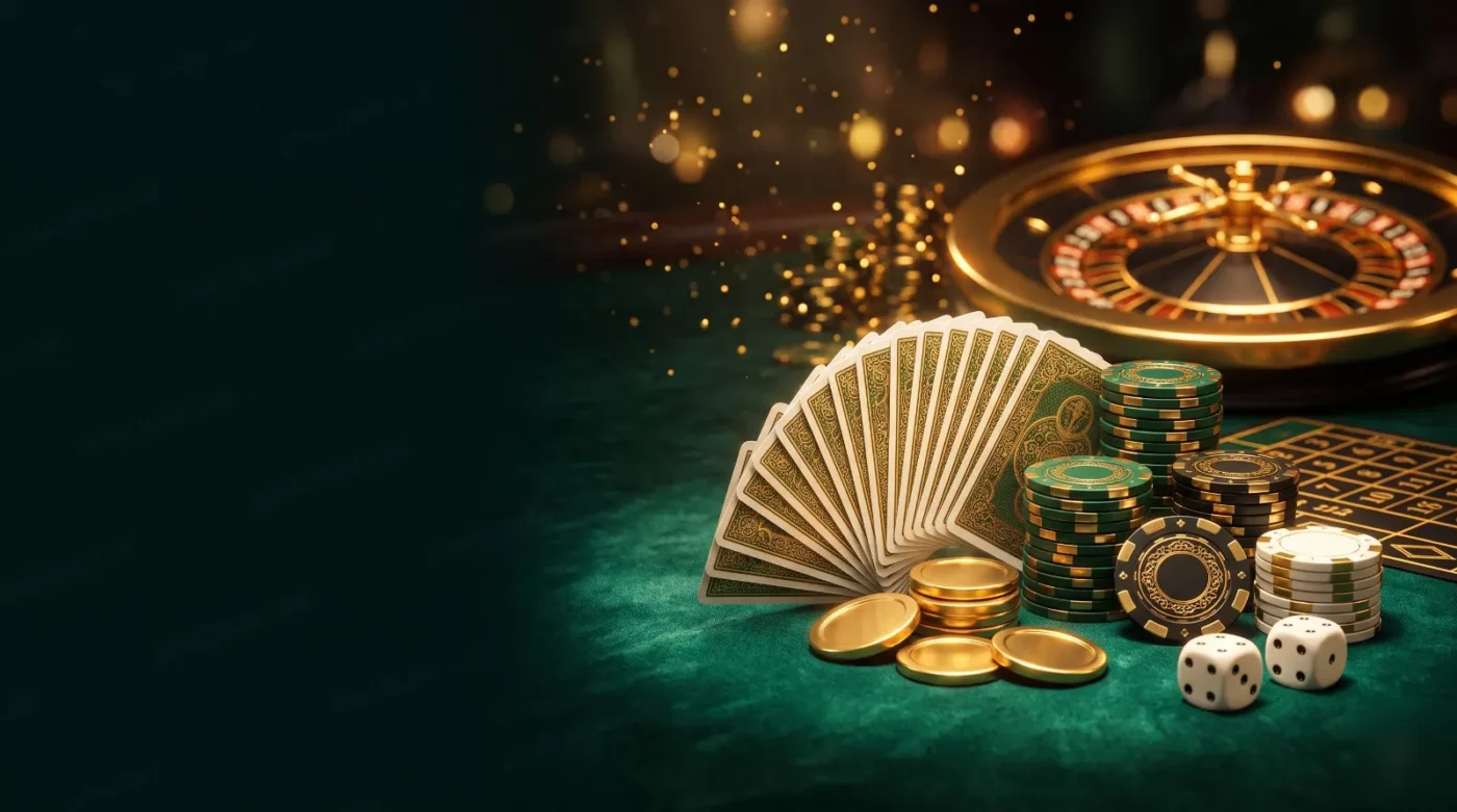 Bàn casino ZOMCLUB với vòng roulette, chip, bài và xúc xắc