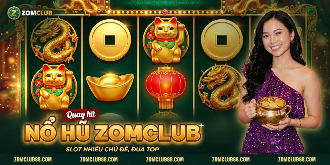 Ảnh minh hoạ Nổ Hũ ZOMCLUB: máy slot biểu tượng may mắn và người mẫu ôm hũ xu vàng
