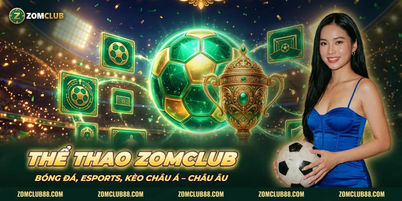 Ảnh minh hoạ Thể Thao ZOMCLUB: sân bóng, cúp vàng và người mẫu cầm bóng