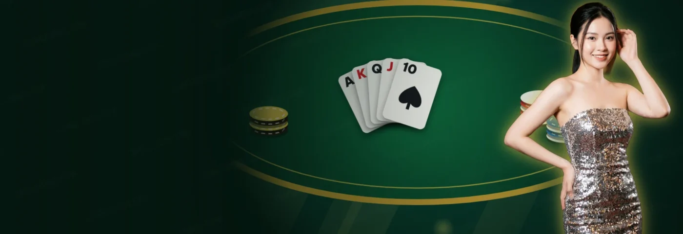 Bàn bài ZOMCLUB với quạt bài và người mẫu đứng cạnh bàn