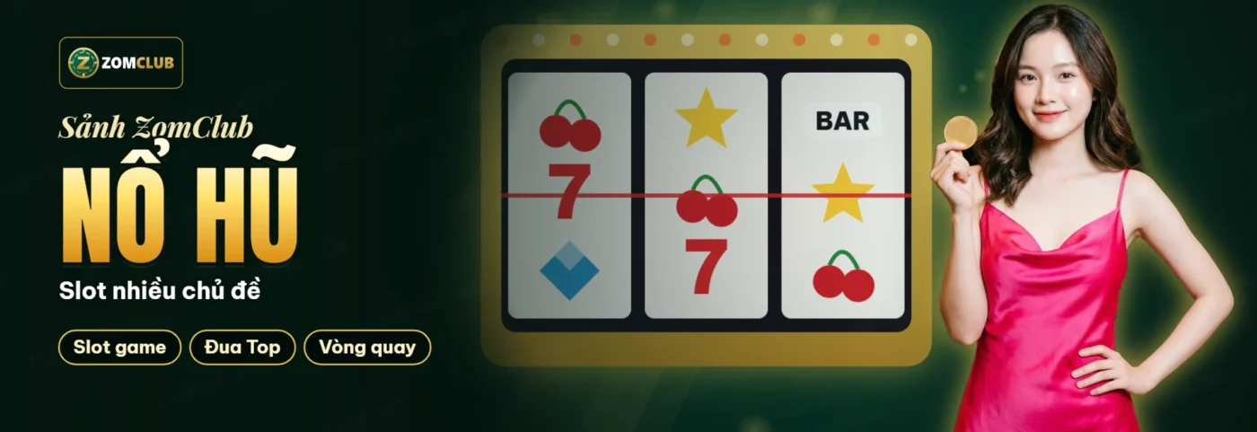 Minh họa khu Nổ Hũ ZomClub với máy slot biểu tượng may mắn và hũ xu vàng